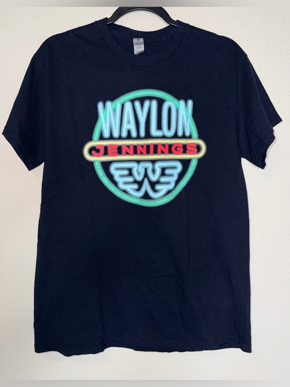 Waylon Jennings Black & Neon Shirt with The Gildan Tag Size Medium EUC